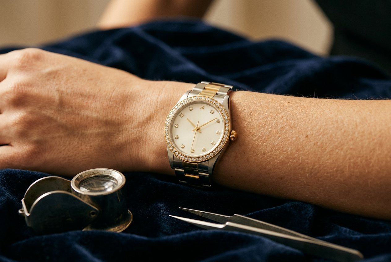 A watch with a diamond-set bezel and diamond hour markers on a wrist, beside a jeweller’s loupe and tweezers